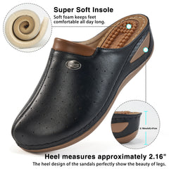HARENC™Womens Clogs Comfortable Slip on Mules Sneakers Shoes for Women Casual Summer Wedge Walking Mules Black Leather Clogs