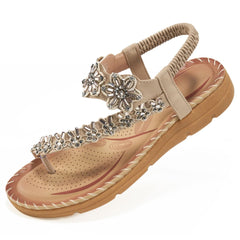 【No.7】Sandals for Women Comfortable Flats Shoes with Elastic Ankle Strap Gladiator Bohemian Beaded Dress Shoe Outdoor Non Slip Beach Clip Toe Summer Sandal