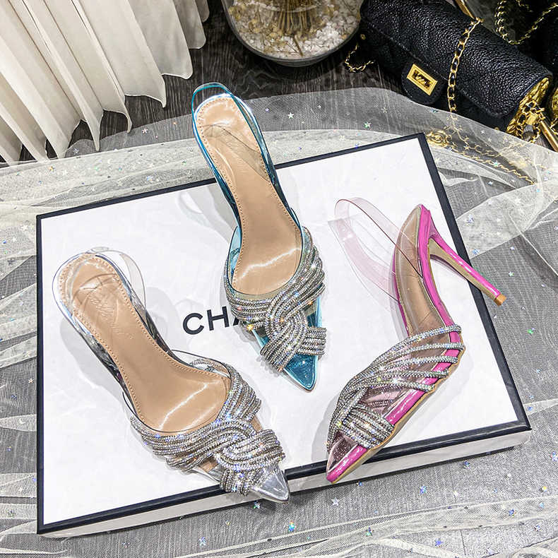 New Transparent Cross Sparkling Rhinestone Pointed Toe Stiletto Sexy European And American Baotou High-Heeled Sandals