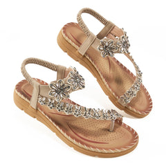 【No.7】Sandals for Women Comfortable Flats Shoes with Elastic Ankle Strap Gladiator Bohemian Beaded Dress Shoe Outdoor Non Slip Beach Clip Toe Summer Sandal