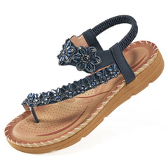 【No.7】Sandals for Women Comfortable Flats Shoes with Elastic Ankle Strap Gladiator Bohemian Beaded Dress Shoe Outdoor Non Slip Beach Clip Toe Summer Sandal