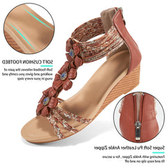 【No.11】Wedges for Women Sandals Shoes with Zipper Ankle Open Toe Low Wedge Sandals Women Summer Dress Shoes Bohemia Fashion Beach Shoes