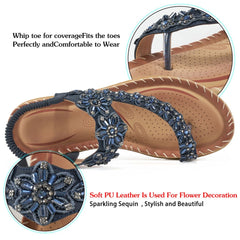 【No.7】Sandals for Women Comfortable Flats Shoes with Elastic Ankle Strap Gladiator Bohemian Beaded Dress Shoe Outdoor Non Slip Beach Clip Toe Summer Sandal