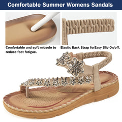 【No.7】Sandals for Women Comfortable Flats Shoes with Elastic Ankle Strap Gladiator Bohemian Beaded Dress Shoe Outdoor Non Slip Beach Clip Toe Summer Sandal